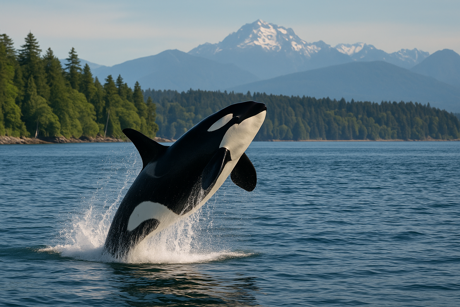 Orca breaching in Puget Sound with Mt Rainier behind